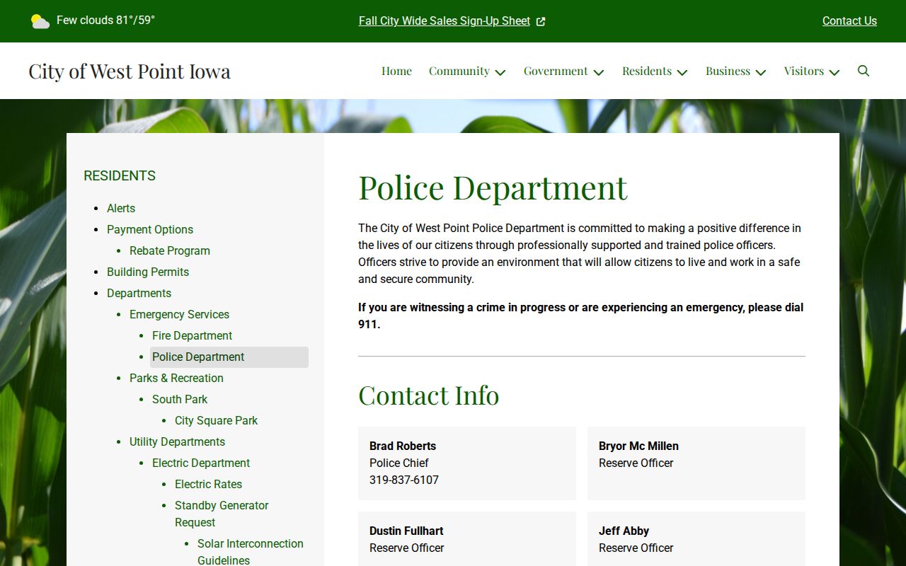 West Point Iowa Police Department official arrest-record contact page